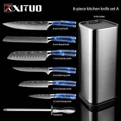 Kitchen Knife 8PCS Set Blue Resin Handle Sharp Slicer Cleaver knife Damascus Laser Pattern With Knife Holder