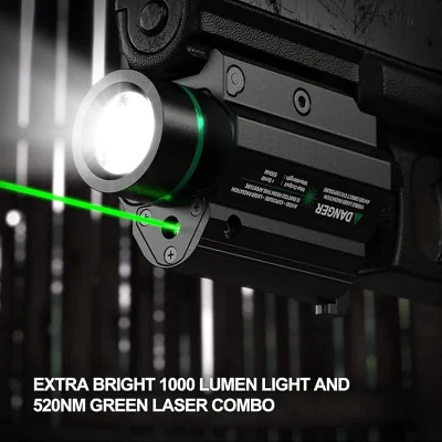Green/Red Laser Light Combo LED 1000 Lumen Flashlight with Picatinny Rail Mount for Pistol Rifle Rechargeable